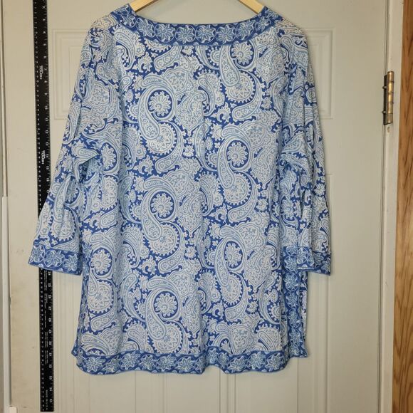 Gretchen Scott Tunic Size Medium Blue White Print White Embroidery Trim - Picture 5 of 5